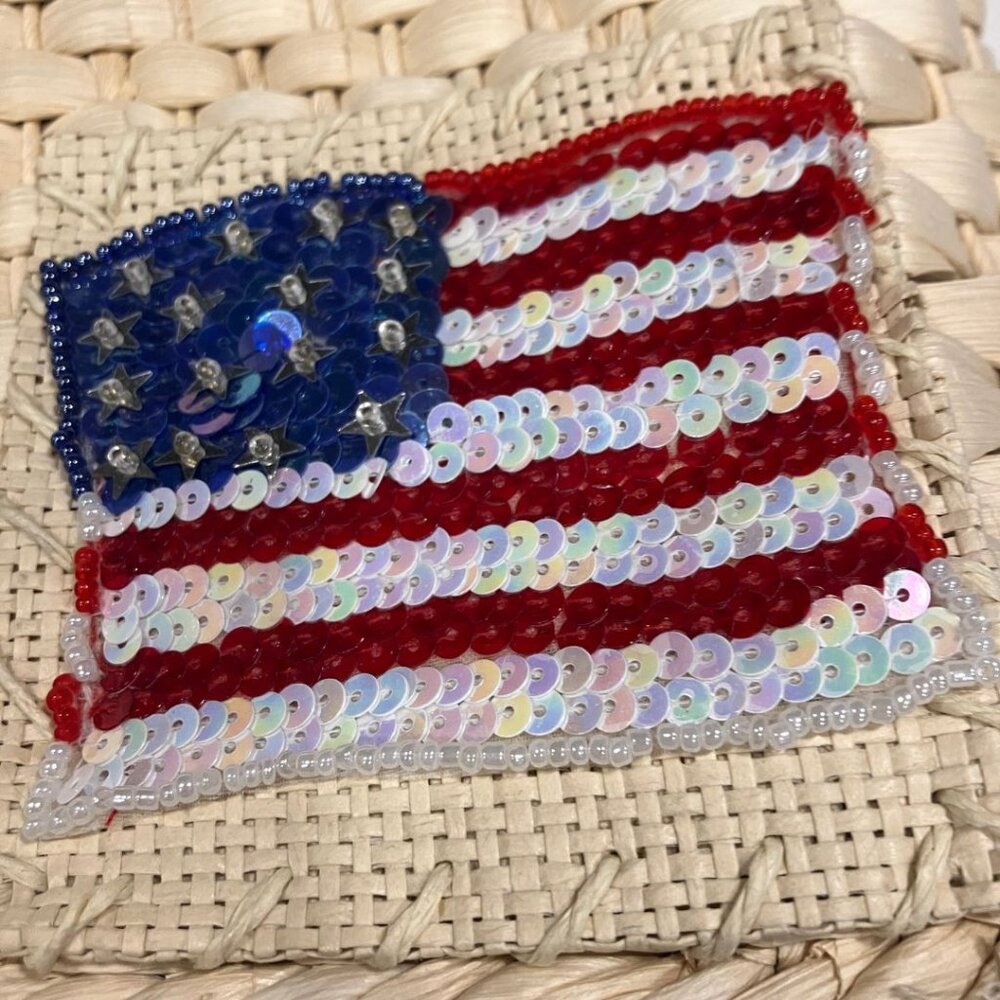 QVC Cornhusk Straw Patriotic USA Purse with Sequin Details and Leather Handles - Picture 6 of 8